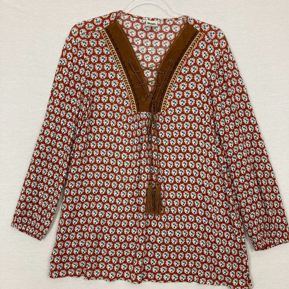 Wrangler Faux Leather Lace Front Soft Boho Print Rayon Blouse Medium Western